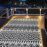 6x9ft Waterproof Outdoor Rug with LED Lights, Bohemia Reversible Plastic Straw Mat for Patio RV Camping Picnic Balcony Beach Deck Indoor Outdoor Carpet, Black&White DiiKoo