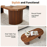 Oval Fluted Coffee Table, 47" Farmhouse Wood Coffee Table Mid Century Modern Center Table Boho Living Room Tables for Living Room Office,Walnut RUSTYER
