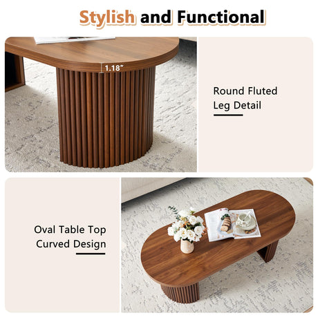 Oval Fluted Coffee Table, 47" Farmhouse Wood Coffee Table Mid Century Modern Center Table Boho Living Room Tables for Living Room Office,Walnut RUSTYER