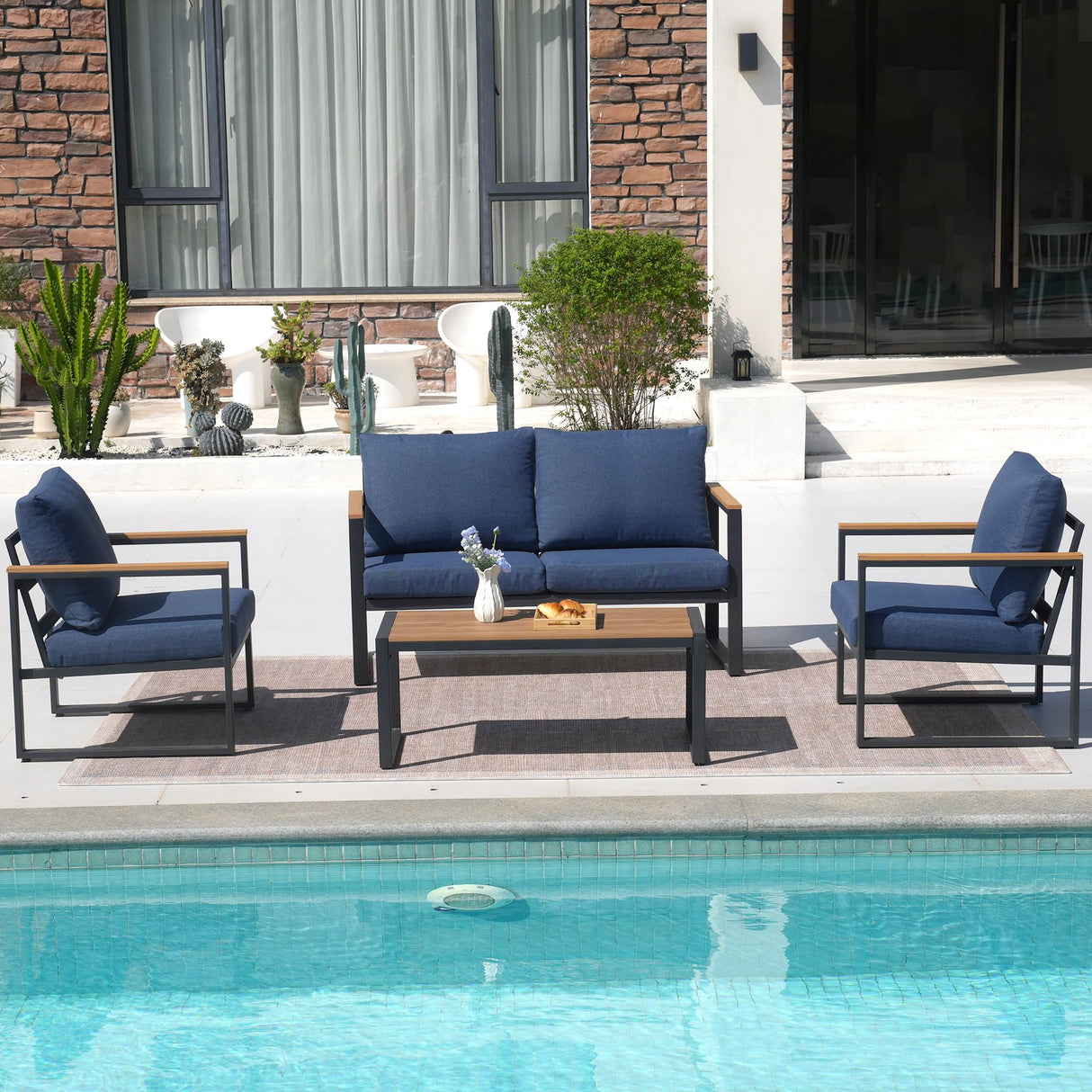 COMLAX FIELD Patio Furniture Set, 4 Pieces Outdoor Patio Furniture with Coffee Table Set, Metal Patio Conversation Sets with Washable and High-Resiliency Sponge Cushions, Upgrade Blue COMLAX FIELD