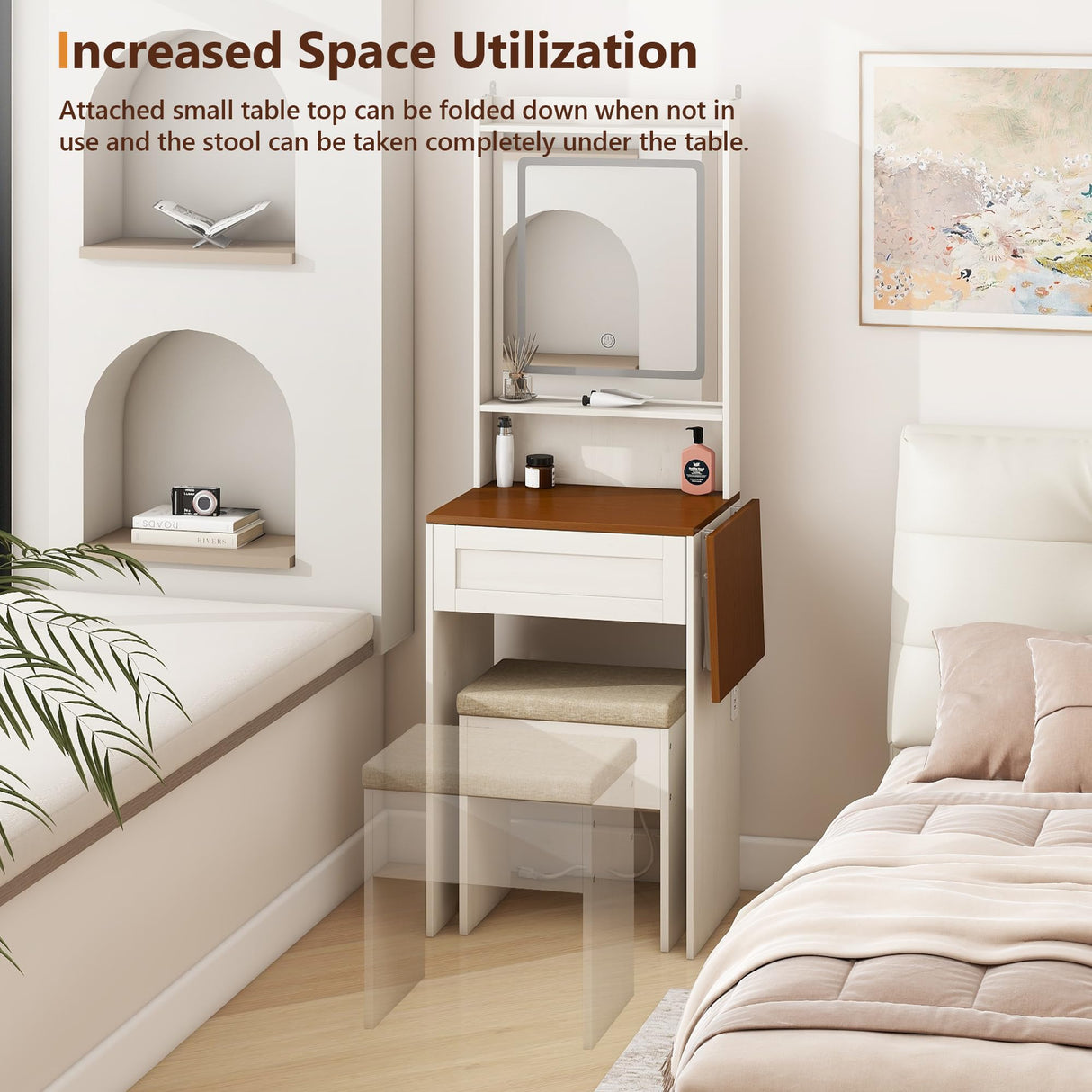 Small Vanity Desk with Mirror and Lights,Farmhouse Makeup Vanity Table with Charging Station,Compact Vanity with Storage Chair& Drawer,White Dressing Table with Fold-up Panel for Small Space,Bedroom LTMEUTY