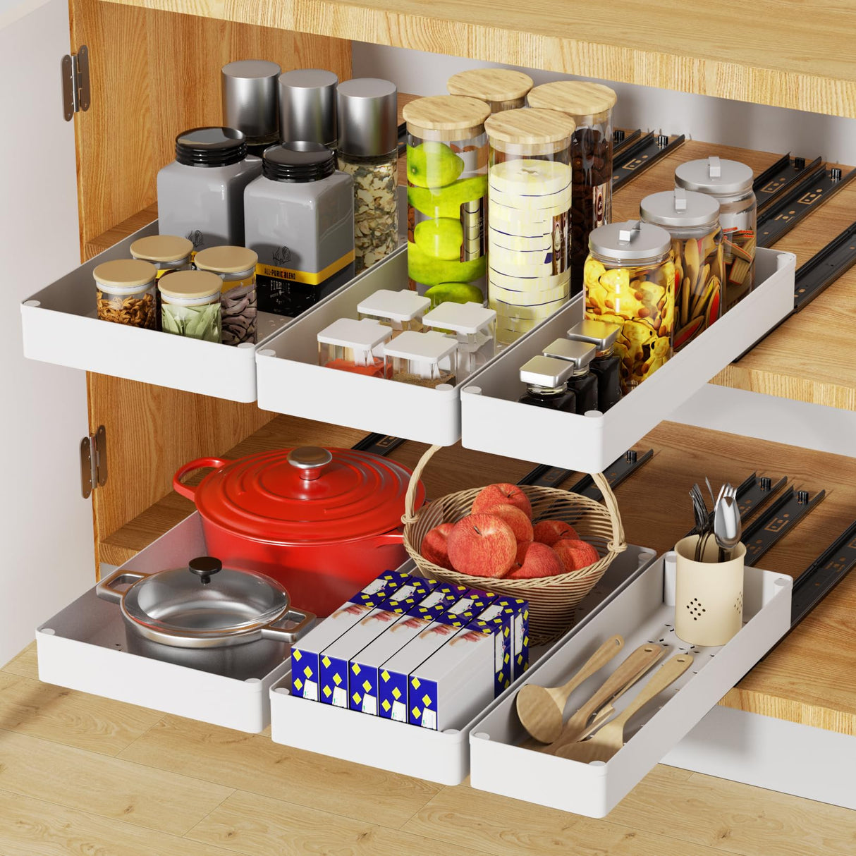 YoolooKitt Pull Out Cabinet Organizer,Adhesive with Nano Film,Slide Out Drawers Adhesive Heavy Duty Storage Drawer Shelf with 3PCS Divider Racks for Kitchen Pantry Bathroom Home,10.6"-15.7" Deep YoolooKitt