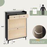 Jocoevol Rattan Shoe Cabinet Storage with 2 Flip Drawers & 2 Drawers, Freestanding Narrow Wood Shoe Cabinet with Metal Legs for Entryway Hallway, Light Black Jocoevol