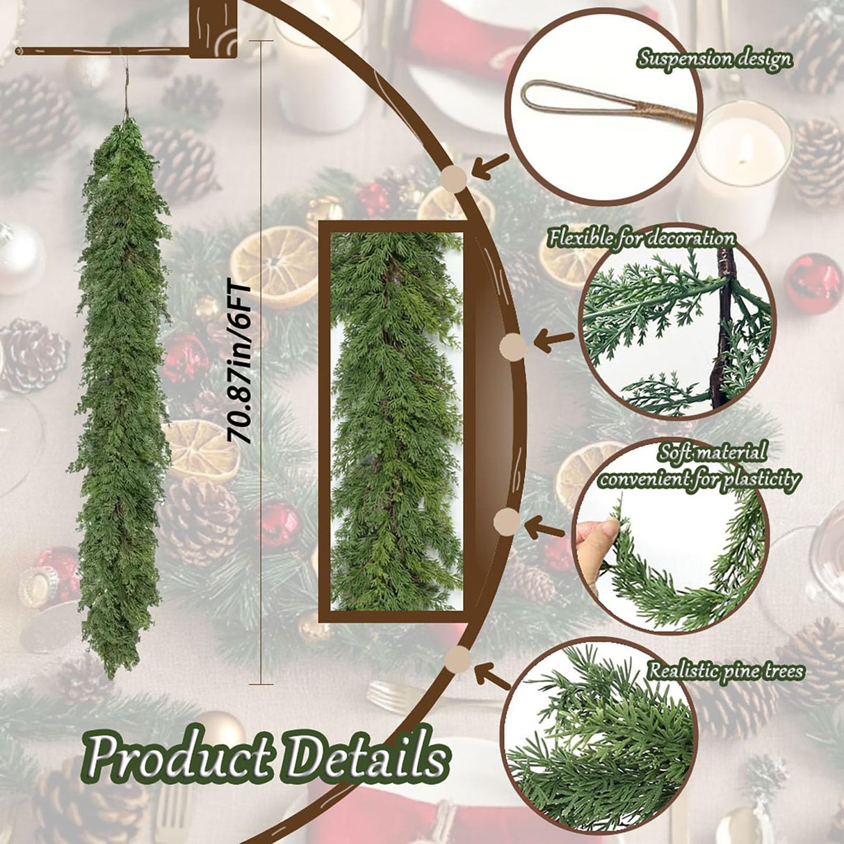 6FT Christmas Garland, Real Touch Cedar Greenery Garland for Mantle, Staircase, Wall, Window, Door, DIY Holiday Decor, Full & Lifelike, Flexible Branch Generic