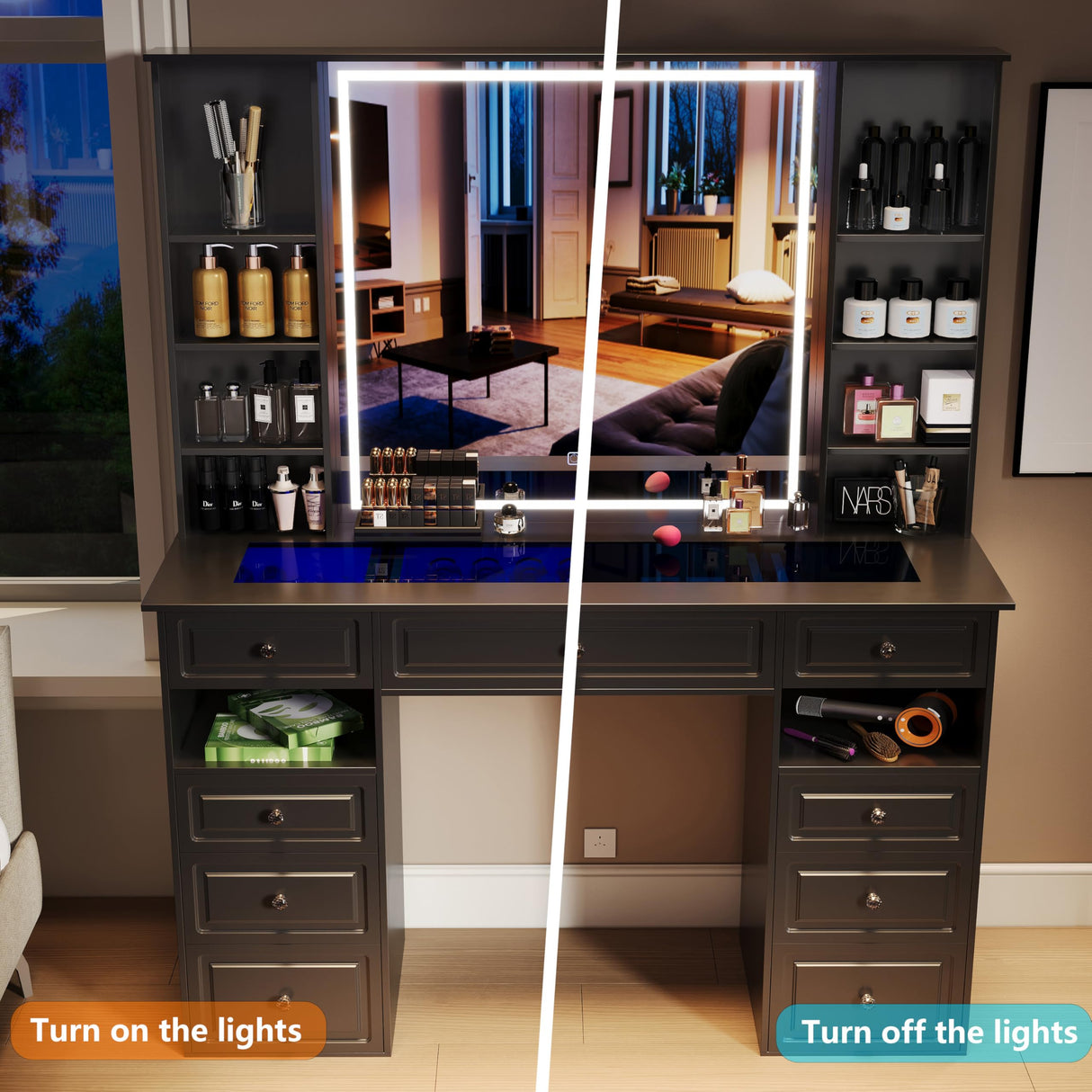 Wildhome Vanity Desk with Mirror and Lights, Glass Top Dressing Table with 9 Drawers, Makeup Vanity with Storage Bench, European Style Vanity, Adjustable Brightness Vanity for Bedroom(Black) Wildhome