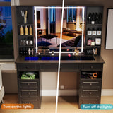 Wildhome Vanity Desk with Mirror and Lights, Glass Top Dressing Table with 9 Drawers, Makeup Vanity with Storage Bench, European Style Vanity, Adjustable Brightness Vanity for Bedroom(Black) Wildhome