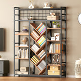 RALGEND Triple 7-Tier Bookshelf, Industrial Large Bookcase with 20 Open Display Shelves, Modern Tree Bookcase with Metal Frame and Hanging Function for Living Room, Home Office, Rustic Brown and Black RALGEND