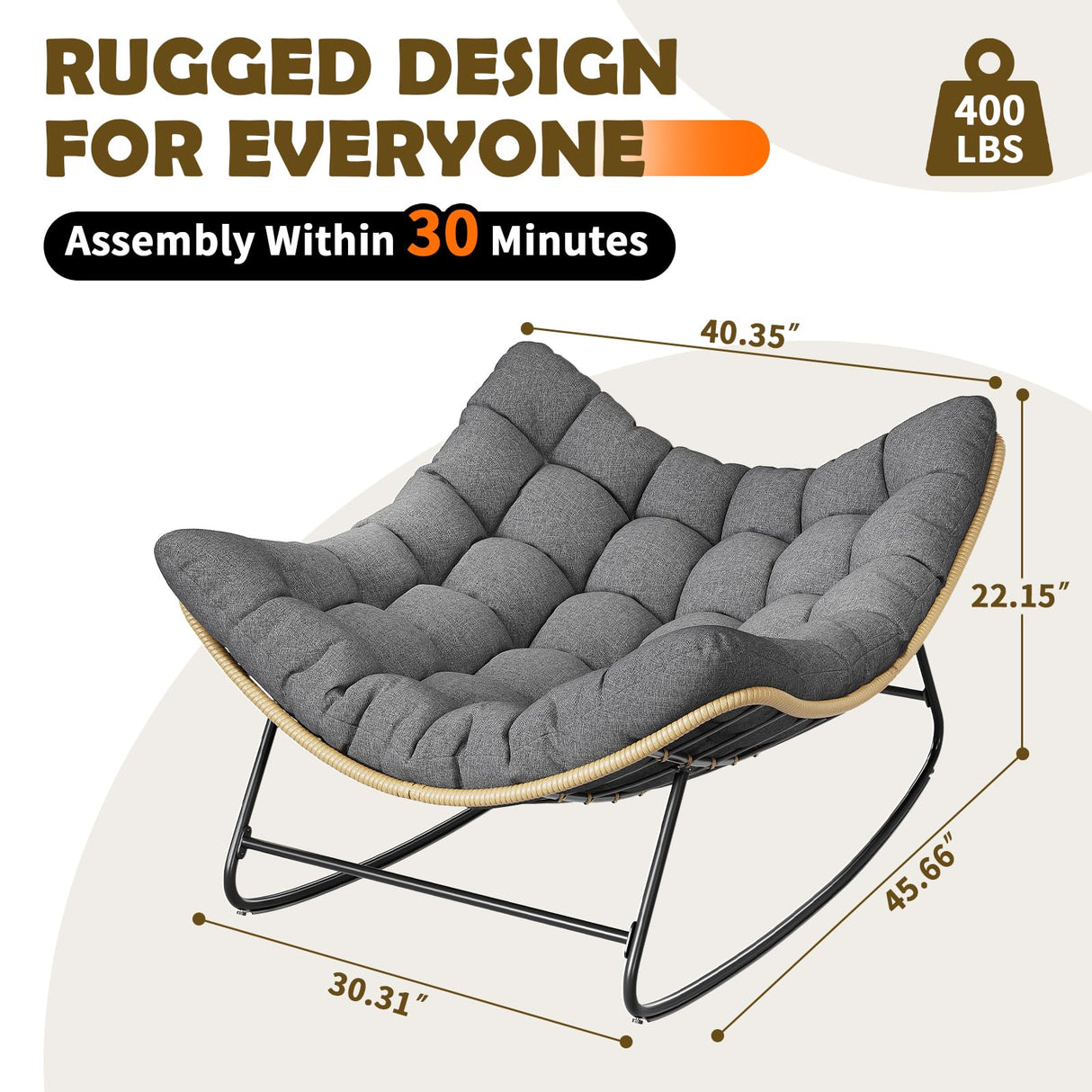 VONZOY Outdoor Rocking Chair, Indoor Papasan Chair, Oversized Egg Rocking Chair with Thick Cushion, Rattan Wicker Rocker Lounge Chair for Bedroom, Living Room, Patio, Garden, Porch (Dark Grey) VONZOY