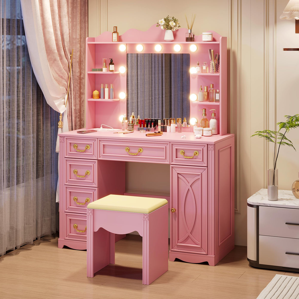 Vlsrka Vanity Desk with Large Mirror and Lights, 43.3" Makeup Vanity Desk with Charging Station and 6 Drawers, Makeup Dressing Table with Storage Stool for Bedroom (Pink) Vlsrka
