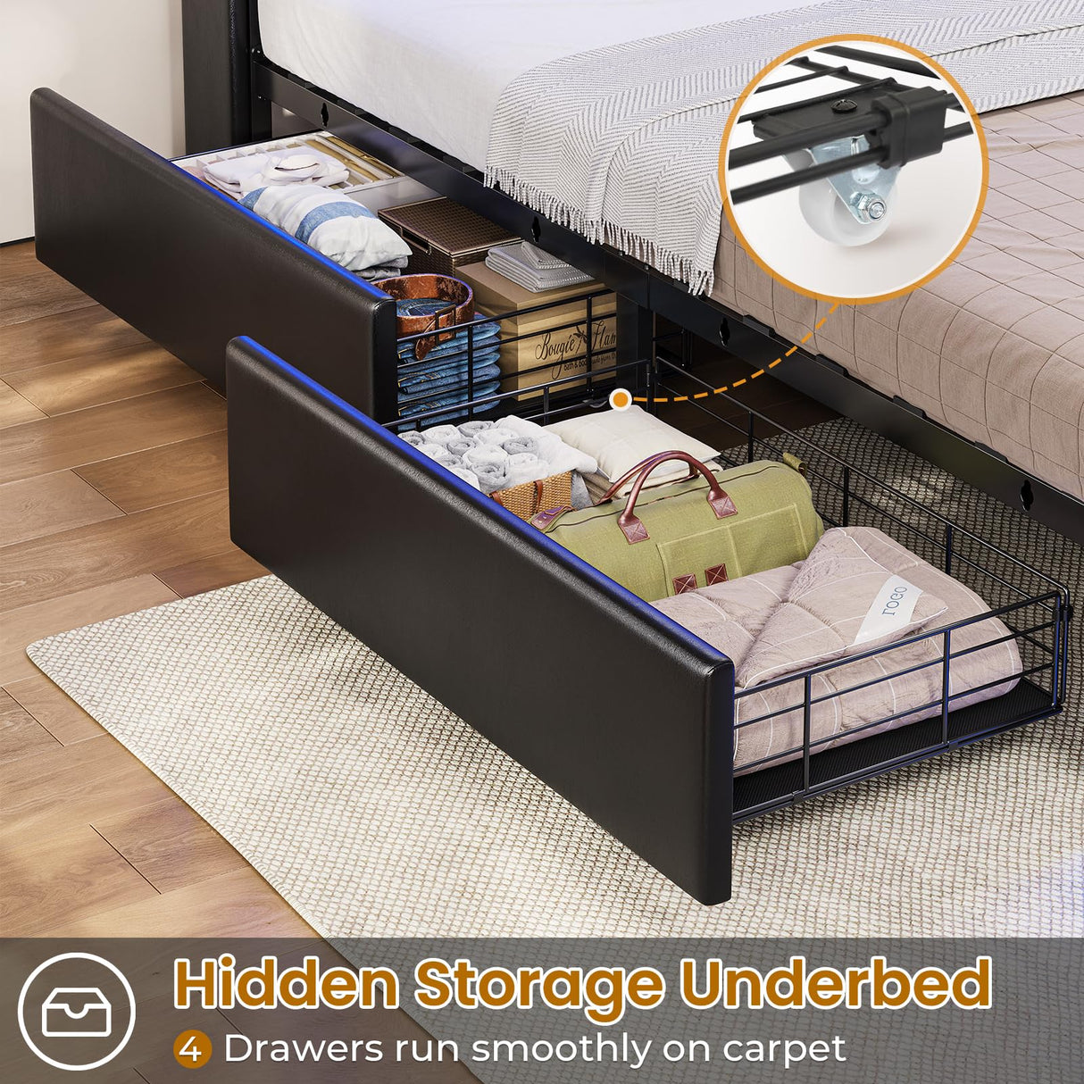HAUOMS Queen Size Upholstered LED Bed Frame with Storage Headboard and 4 Drawers in PU Black HAUOMS