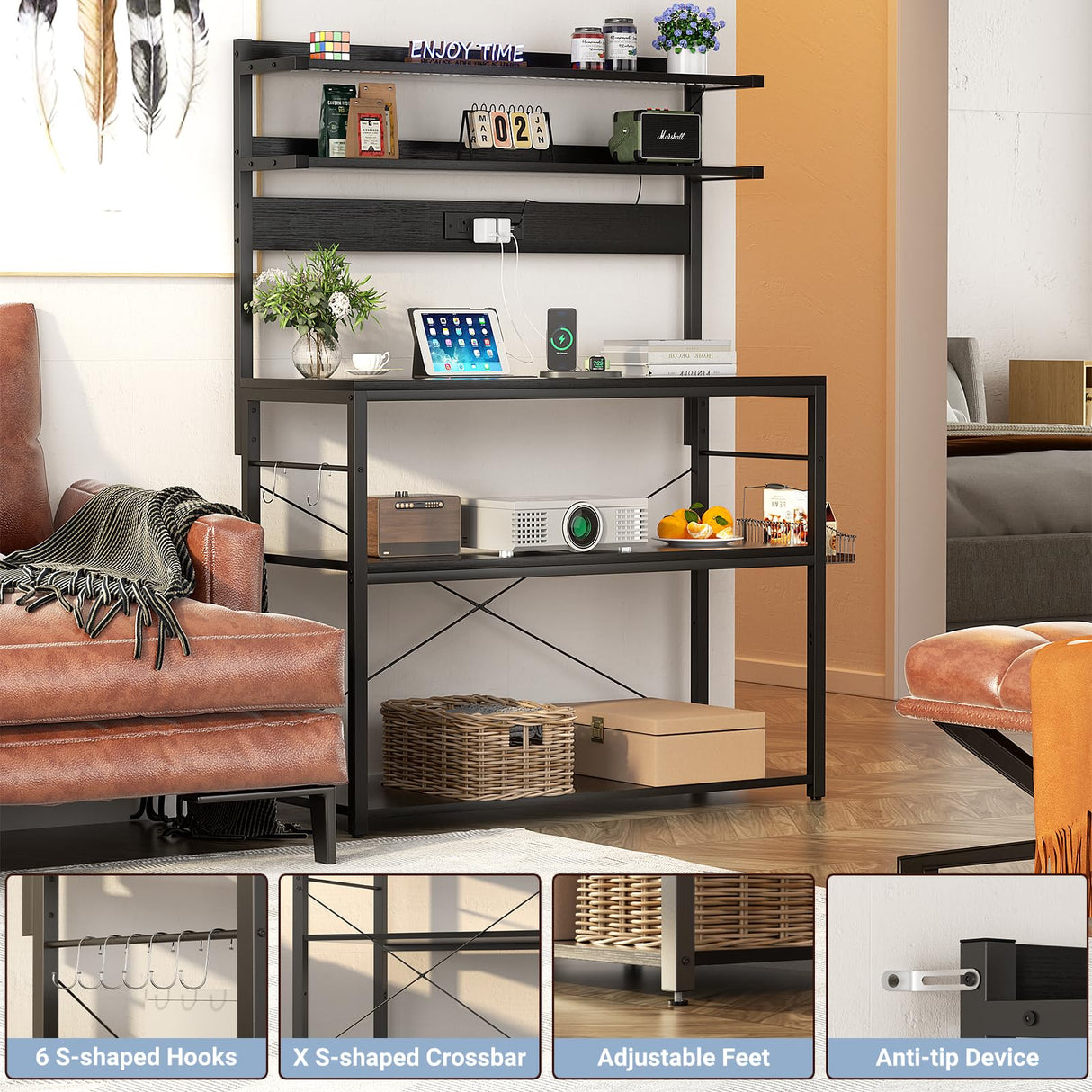 Aheaplus Bakers Rack with Power Outlet, Microwave Stand, 5 Tiers Coffee Bar Station with Led Lights, Kitchen Storage Shelf with 6 S-Shaped Hooks, Kitchen Rack Coffee Bar Stand, Black Aheaplus