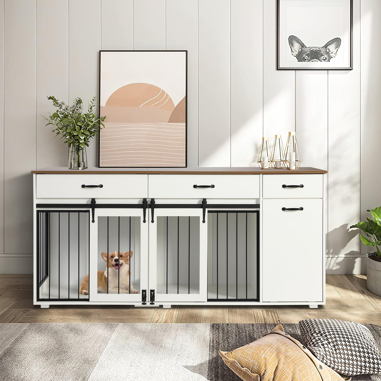 71" Furniture Dog Crate for 2 Dogs, Double Dog Furniture Crate, Furniture Dog Cage Indoor for Large Medium Small Dogs, Wood Dog Kennel with Tilt Out Cabinet, Drawers, Divider and Sliding Door, White LOUVIXA