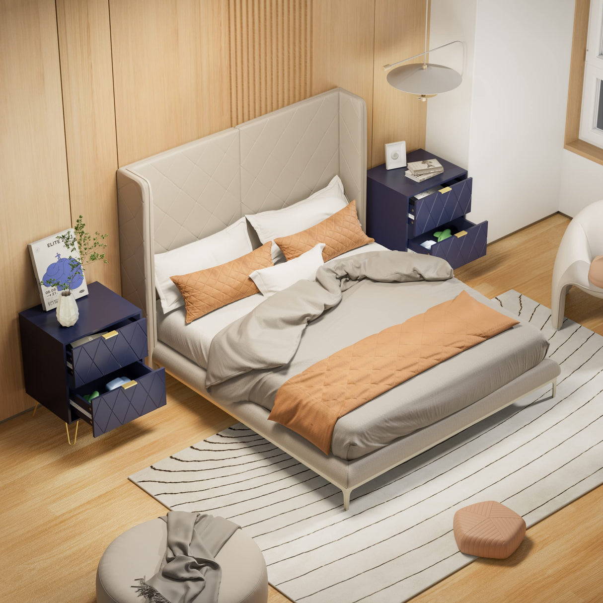 Anbuy Bedroom Sets Navy Blue Sets 3Pcs Large 6 Drawer Dresser and Night Stand Sets for Bedroom, Two Drawers Nightstand Set of 2 & 6 Drawer Dresser Combo 3 Pieces (Navy Blue)