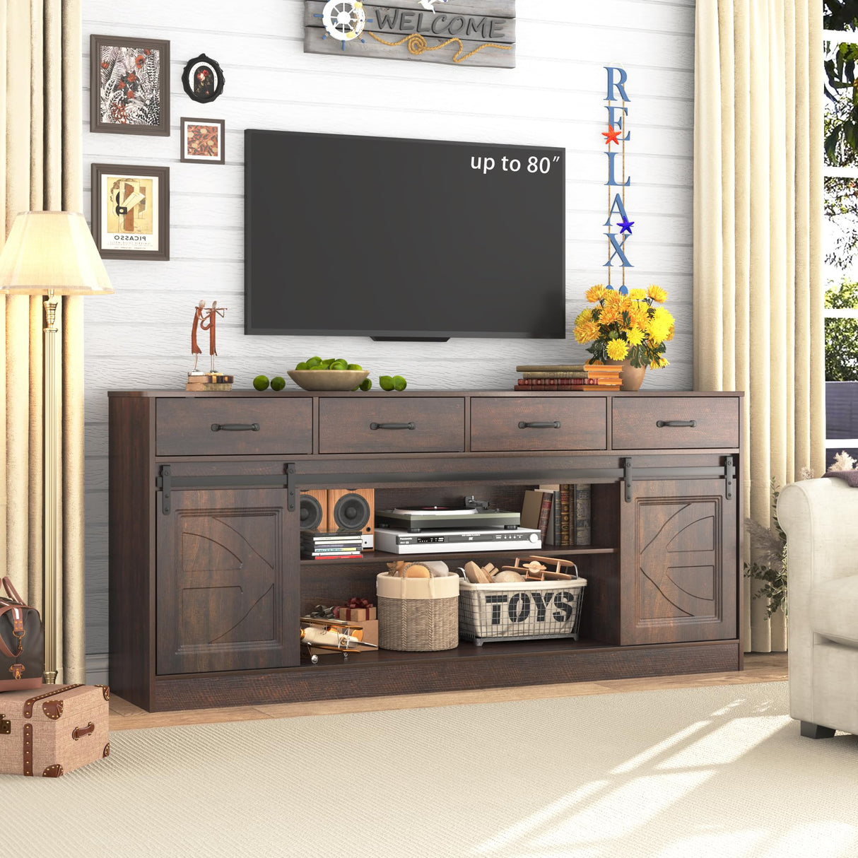 chartustriable 70” Large Long Buffet Sideboard Cabinet w/4 Drawer,Farmhouse Buffet Storage Cabinet,Sliding Door,Buffet Coffee Bar Cabinet, Credenza for Living Room, Brown chartustriable