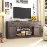 chartustriable 70” Large Long Buffet Sideboard Cabinet w/4 Drawer,Farmhouse Buffet Storage Cabinet,Sliding Door,Buffet Coffee Bar Cabinet, Credenza for Living Room, Brown chartustriable