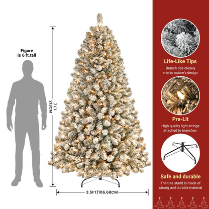 SHareconn 7ft Prelit Snow Flocked Artificial Holiday Christmas Tree with 300 Warm White Lights, Foldable Stand, Full Snow Branch Tips for Home, Office, Party Decoration, 7 FT, White