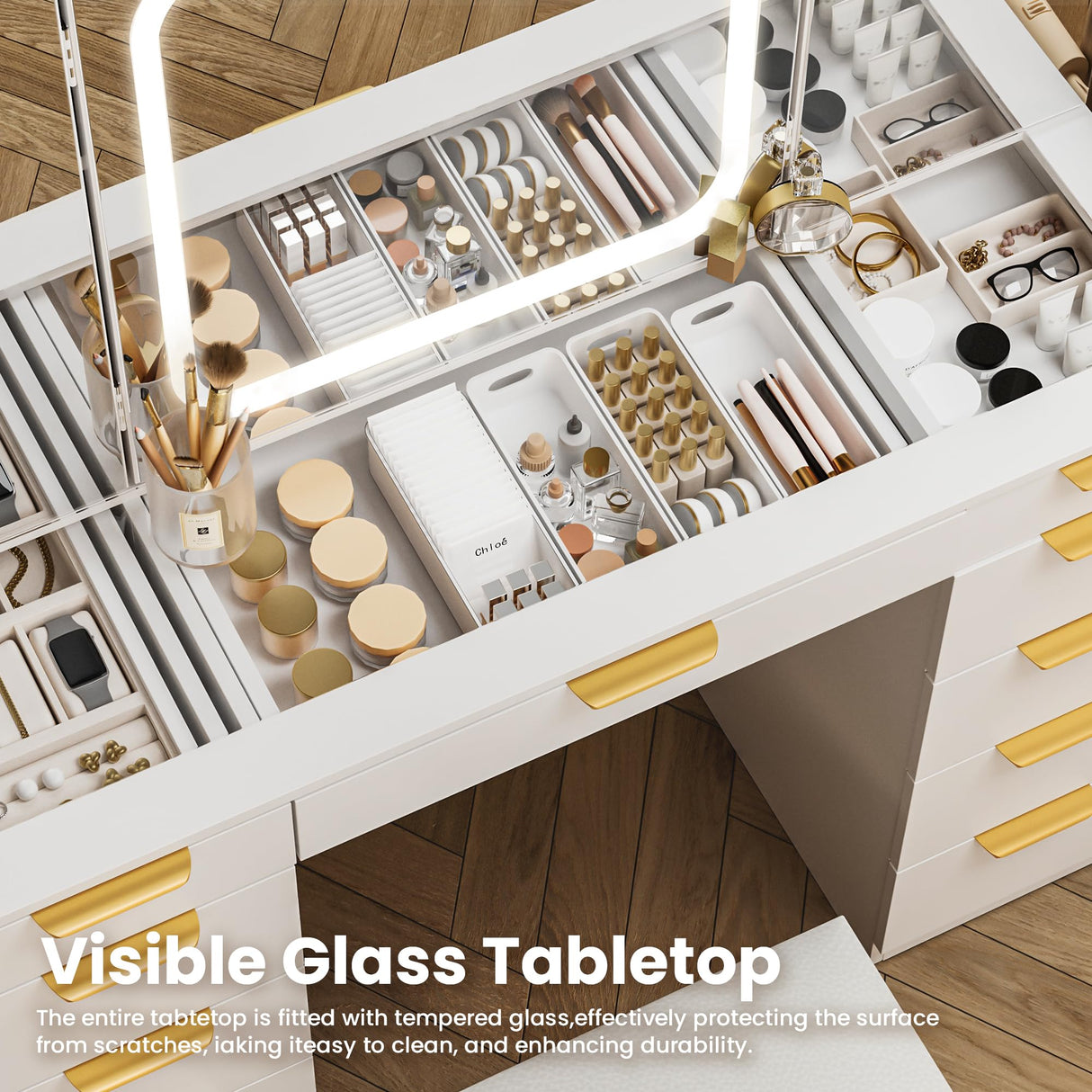 Pamapic 11 Drawers Vanity Desk with Foldable Mirror, Glass Top Makeup Vanity with LED Lights, 3 Lighting Modes, Golden Handles Dressing Table with Chair and Power Outlet Pamapic