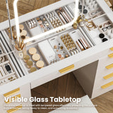 Pamapic 11 Drawers Vanity Desk with Foldable Mirror, Glass Top Makeup Vanity with LED Lights, 3 Lighting Modes, Golden Handles Dressing Table with Chair and Power Outlet Pamapic