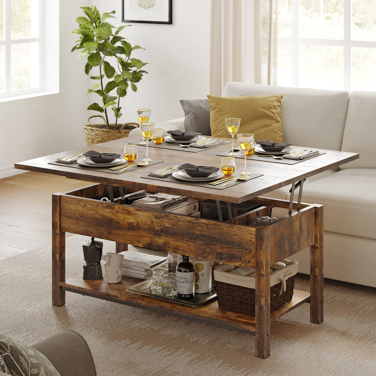 FABATO Lift Top Coffee Table, 4-in-1 Multi-Function Convertible Coffee Table with Storage, Coffee Table Converts to Dining Table for Living Room Reception Room Office, Rustic Brown, 41.73*19.29*18.3 FABATO