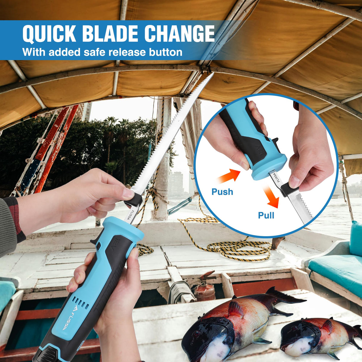 FLISSA Cordless Electric Fillet Knife for Fish with 8" and 10" Stainless Steel Blades, Rechargeable Electric Knife with Non-Slip Handle, 2 Packs Long Lasting Lithium-ion Battery, Portable Carry Case FLISSA