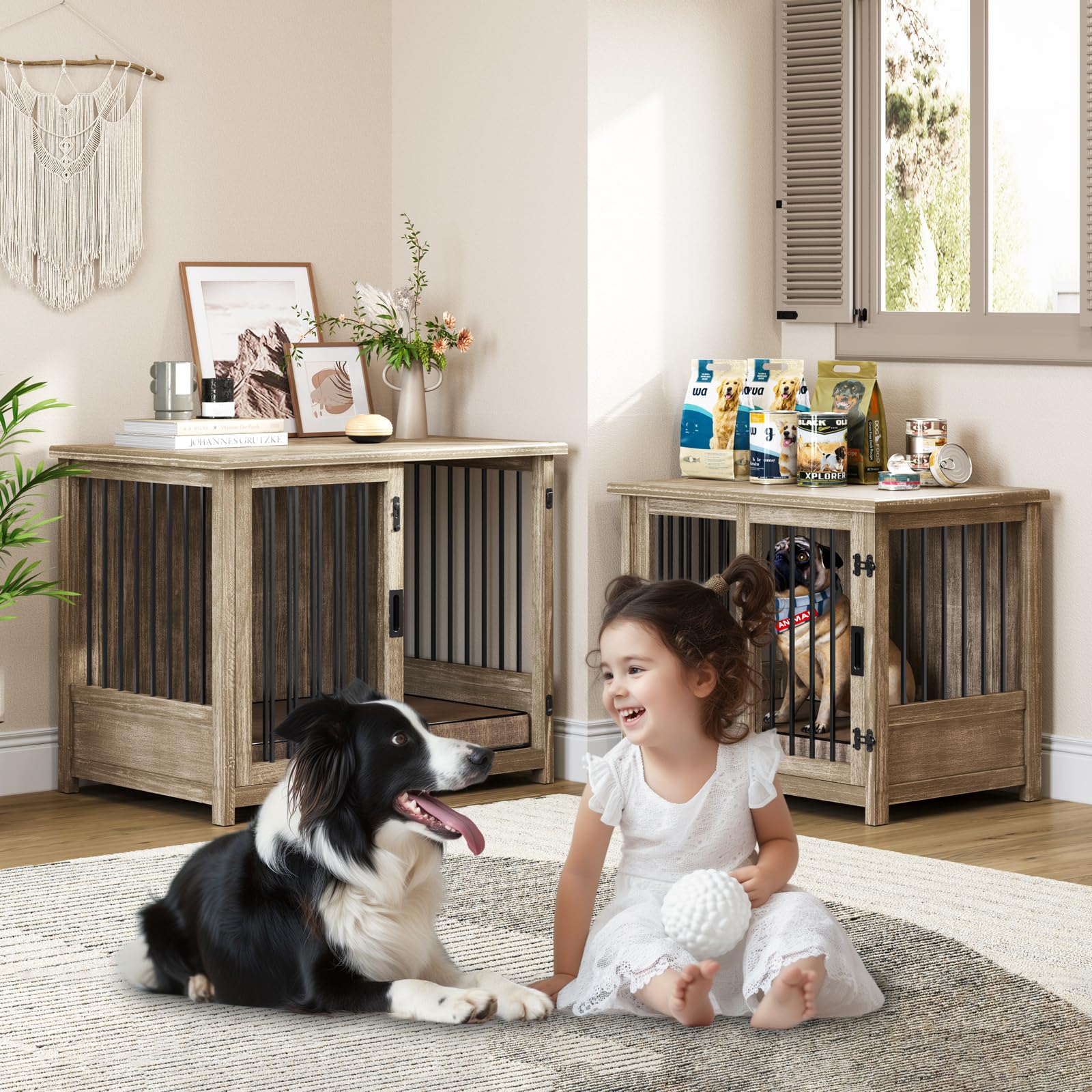 Meadaro 37.4" Dog Crate Furniture Solid Wood with Dog Cushion for Large Dogs, Heavy Duty Dog Kennel Indoor with Sliding Door Chew-Resistant Steel Tube Decorative Dog House Dog Cage Side End T - WoodArtSupply