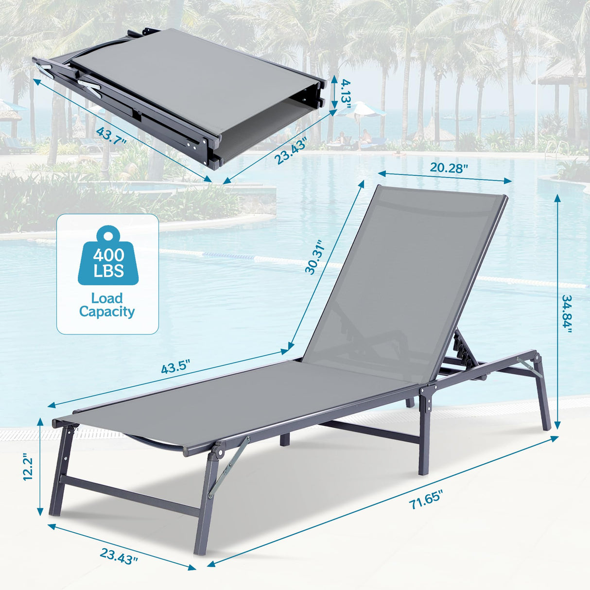 HOMELYM Outdoor Chaise Lounge Chair, Foldable & Assemble-Free, 6 Adjustable Positions, Durable Rust-Resistant Frame, Portable Outdoor Pool Lounge Chairs for Pool Patio Beach, Grey HOMELYM