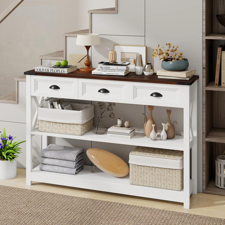 Vabches Sofa Table with 3 Drawers, Farmhouse Narrow Wood Accent Console Table Entryway Table with Storage Shelf for Entryway, Living Room, Foyer, Unique Design, White Vabches