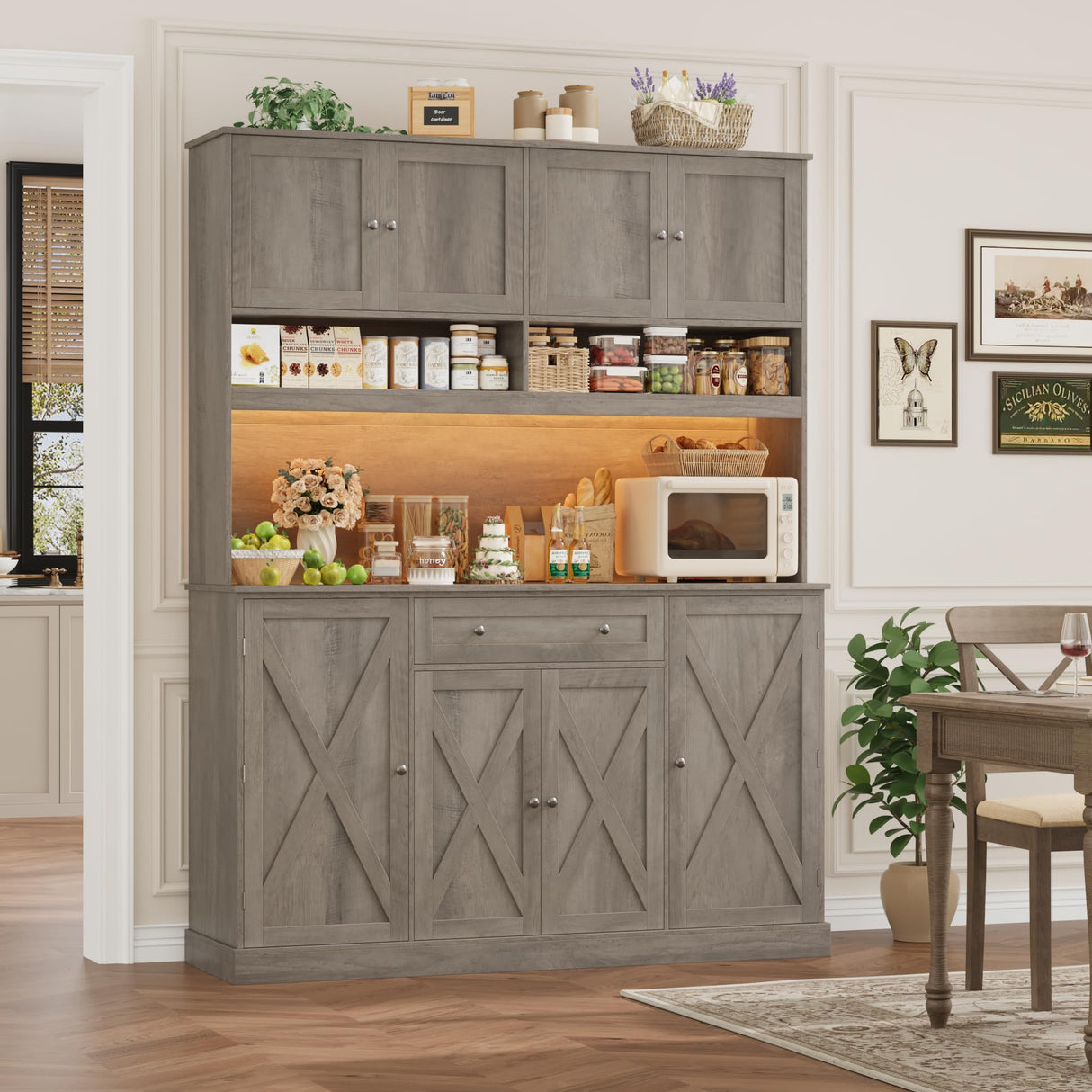 HIFIT 72.8” Tall Kitchen Pantry Cabinet with LED & Charging Station, 55” Wide Farmhouse Pantry Storage Cabinet with Microwave Stand&Shelves&Barn Doors, Kitchen Hutch Coffee Bar for Living Room, Grey HIFIT