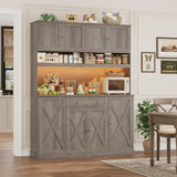 HIFIT 72.8” Tall Kitchen Pantry Cabinet with LED & Charging Station, 55” Wide Farmhouse Pantry Storage Cabinet with Microwave Stand&Shelves&Barn Doors, Kitchen Hutch Coffee Bar for Living Room, Grey HIFIT