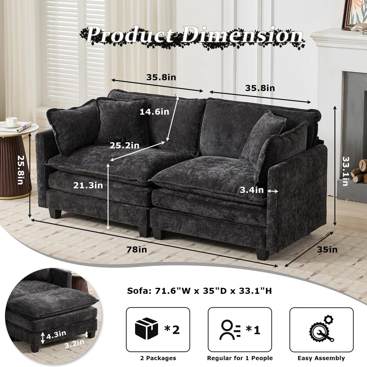 SoarFlash 71.6" Chenille Sectional Sofa, Comfy Modular Loveseat Sofa, Modern 2-Seat Couch Deep Seat Sofa Set for Living Room,Black SoarFlash