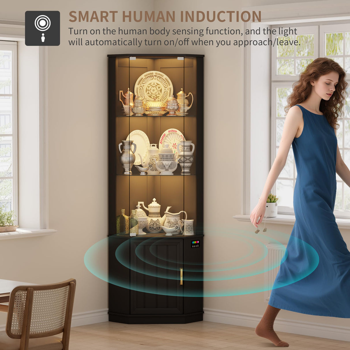 Lvifur 69" Corner Glass Display Cabinet with RGB Lights,3-Tier Movable Glass Shelves,Curio Display with Human Body Sensor,Bookcase with Storage Cabinet for Toys,Books,Collectibles,Liquor,Black Lvifur