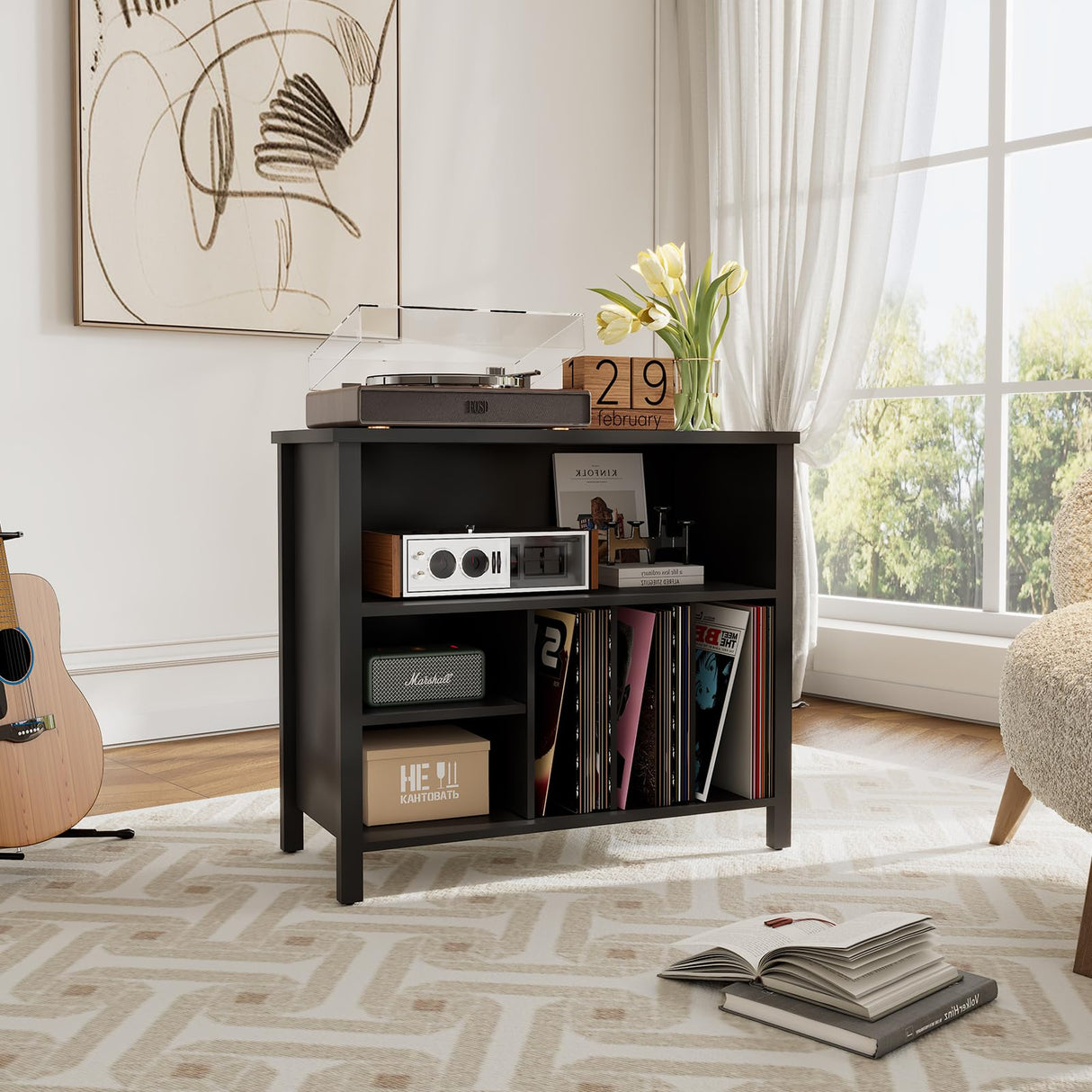 Record Player Stand, Mid-Century Vinyl Record Storage Cabinet, 3-Tier Record Player Holder, Turntable Stand with 4 Cabinet up to 220 Albums, End Table for Bedroom Music Room Living Room, Black FFBCFDK