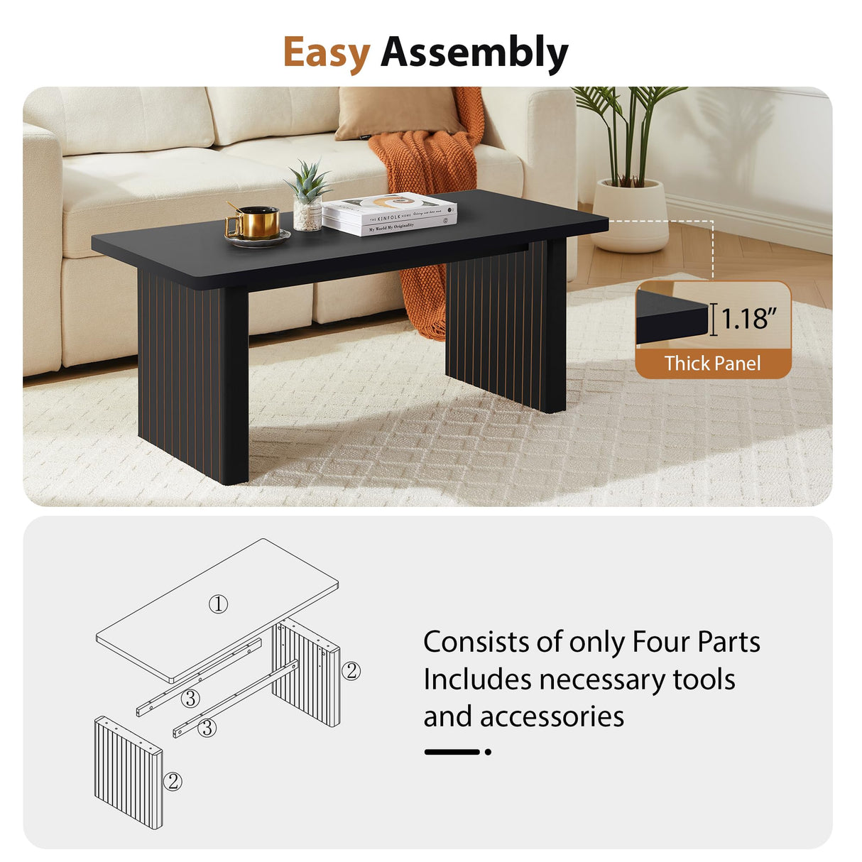 AVZEAR 43Inch Fluted Wooden Coffee Table for Living Room, Mid Century Modern Coffee Table with Sturdy Fluted Legs & Rounded Corner, Curved Rectangle Center Table for Home, Office, Cafe, Black AVZEAR