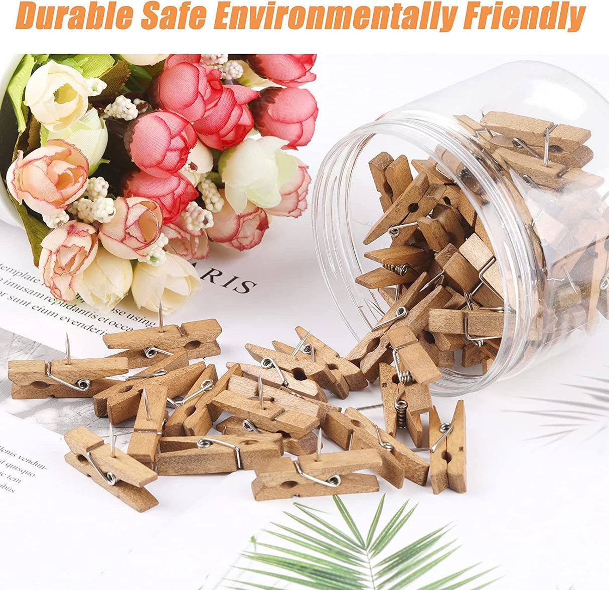 50 PCS Push Pin with Wooden Clips, Durable Wooden Push Pins, Decorative Pushpins Tacks Thumbtacks, Tacks for Cork Board Artworks Notes Photos, Craft Projects, Offices and Homes Joyberg