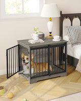 Hzuaneri Dog Crate Furniture, 32" Double Door Dog Crate with Barn Door, Dog Kennel Indoor, End Side Table Wooden Dog Crate for Small Medium Large Dog, Anti-Chew Anti-Escape, Greige Black DFC83605B Hzuaneri