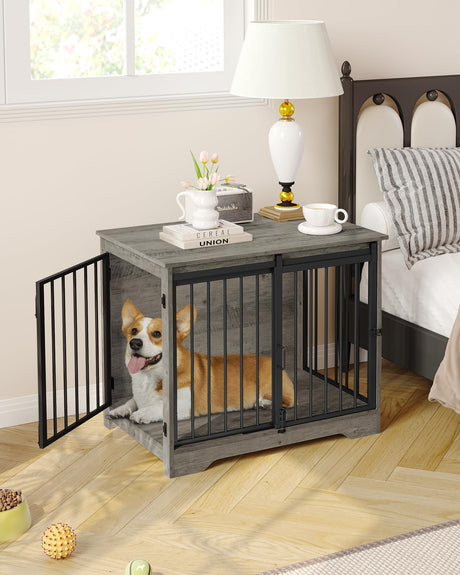 Hzuaneri Dog Crate Furniture, 32" Double Door Dog Crate with Barn Door, Dog Kennel Indoor, End Side Table Wooden Dog Crate for Small Medium Large Dog, Anti-Chew Anti-Escape, Greige Black DFC83605B Hzuaneri