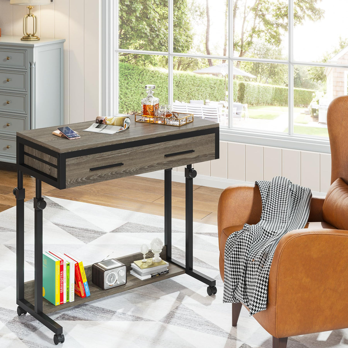 Tribesigns Portable Desk with Drawers, Mobile Laptop Desk with Wheels, Couch Desk Sofa Side Table Bed Desk, Small Standing Desk for Home Office (Retro Grey) Tribesigns