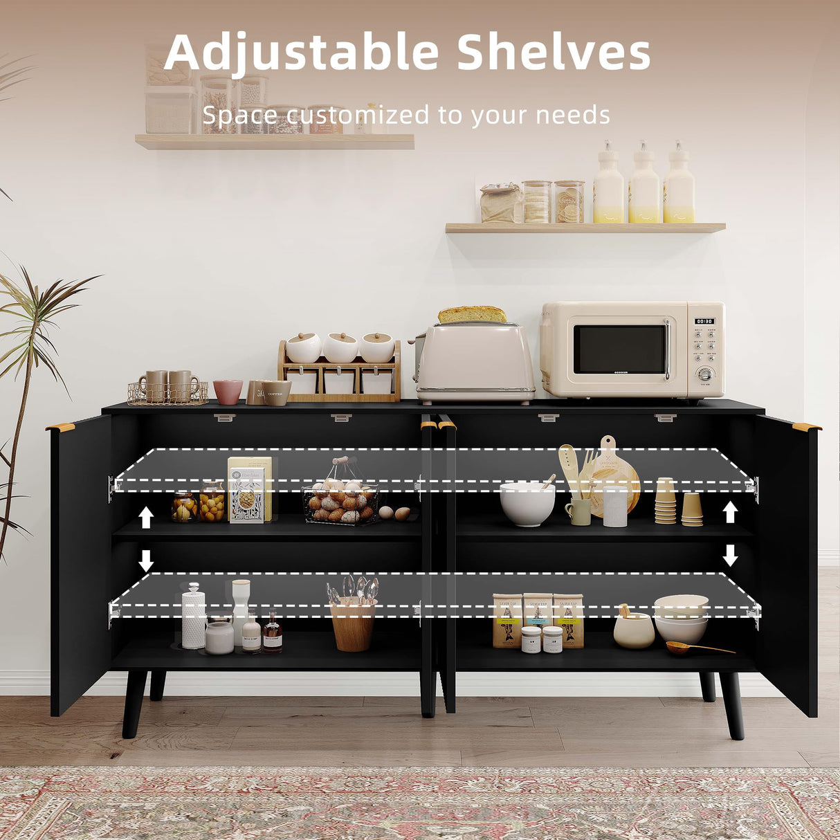 Luoxiao Modern Scandinavian Fluted Black Sideboard Buffet Cabinet with Adjustable Shelves Luoxiao