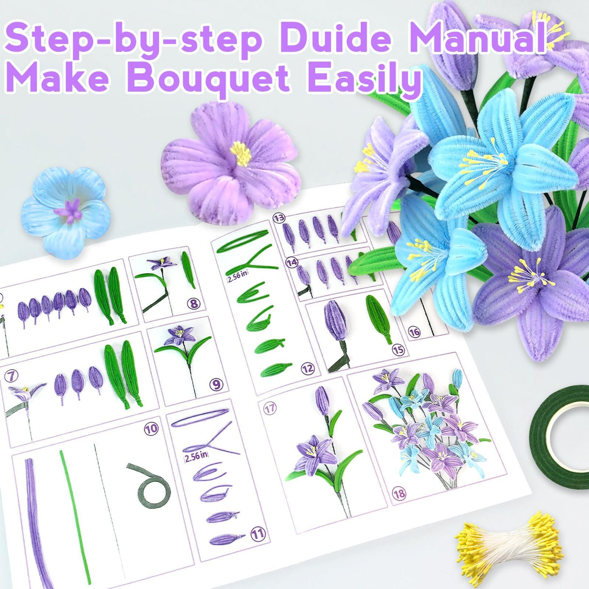 ZEIZHUBN 300 Pieces Pipe Cleaners, Pipe Cleaners Flower Bouquet Kit, Flower Making Kit with Floral Wires Tape, Art and Craft Supplies Projects DIY Decoration Holiday Party Birthday Gifts ZEIZHUBN