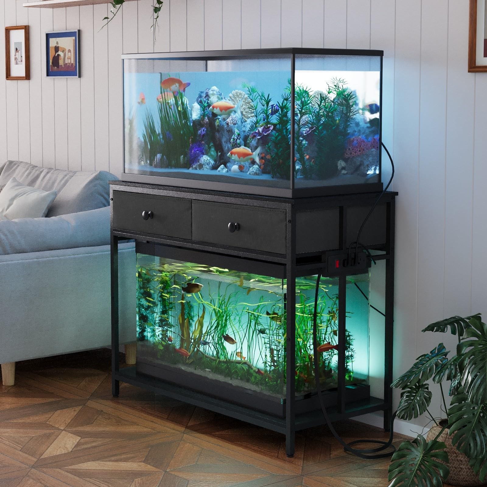 VOWNER 40 Gallon Aquarium Stand with Power Outlet, Metal Frame Fish Tank Stand with Cabinet Storage, Double Turtle Reptile Terrariums Tank Stand, 39.4" L*18.9" W Tabletop, 660LBS Capacity, Bl - WoodArtSupply