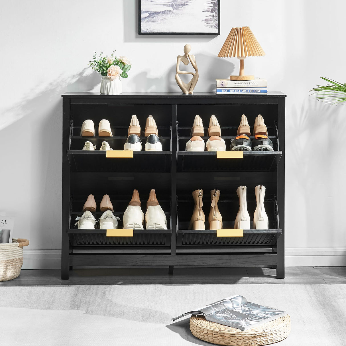 HUSHEDIFY 4 Flip Drawers Shoe Cabinet Storage for Entryway, Narrow Hidden Wood Shoes Organizer Cabinet Front Door Entrance Thin Free Standing Front Door Shoe Rack Storage for Entryway(Black) HUSHEDIFY