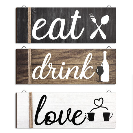 Jetec 3 Pcs Farmhouse Kitchen Wall Decor Rustic Wooden Home Eat Drink Love Sign with Hanging Hole for Home Dining Living Room Bar Cafe Decor(Vivid Color) Jetec