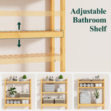 Smiry Over The Toilet Storage, Bamboo 3-Tier Over Toilet Bathroom Organizer, Adjustable Bathroom Shelf, Space Saving, Stable Freestanding Storage Cabinet with 4 Hooks, Natural Smiry