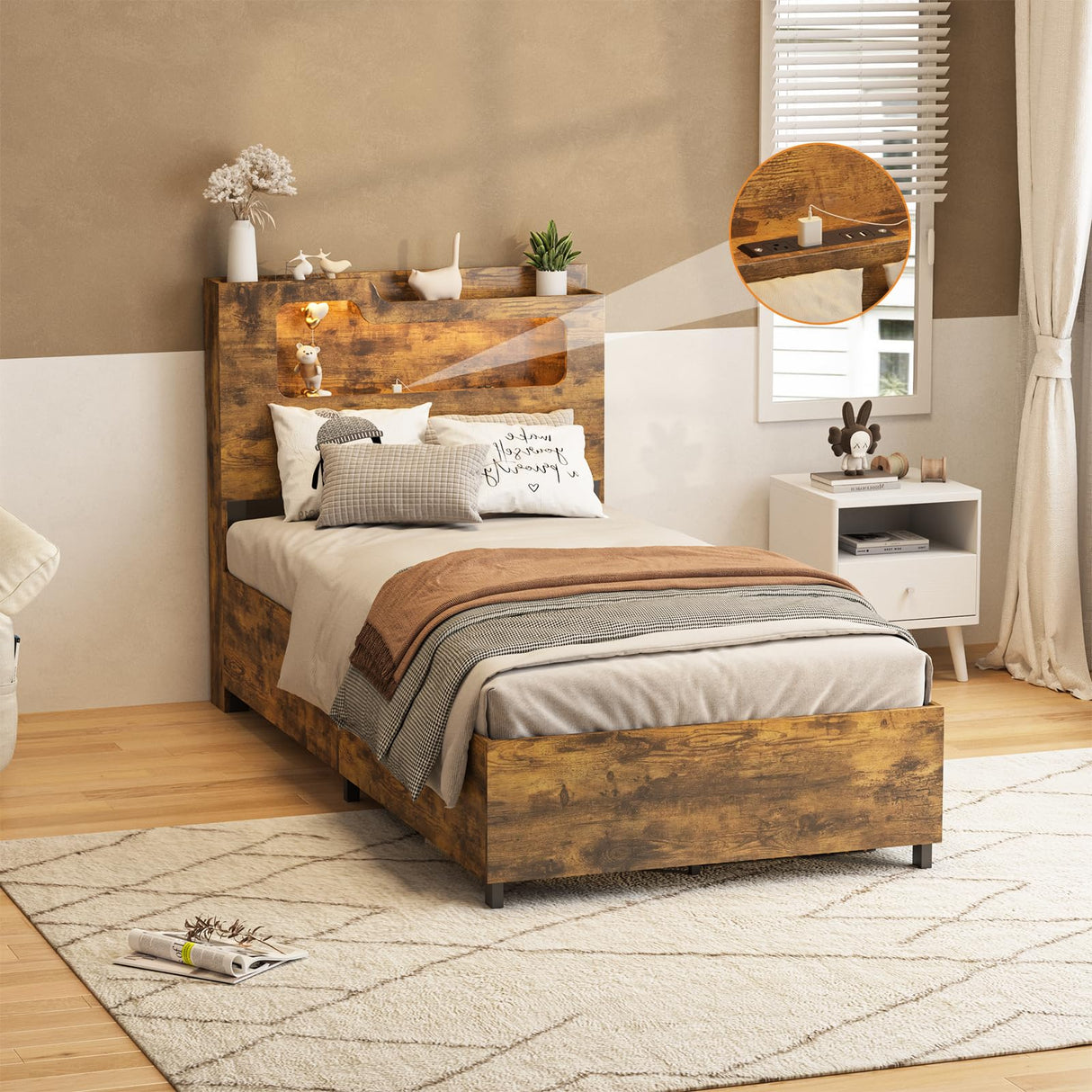 Fameill Twin Size Lift Up Storage Bed Frame, 2-Tier Headboard Wooden Platform Bed Frame with Lifting Storage & Charging Station, No Spring Box Needed/Noise Free Fameill