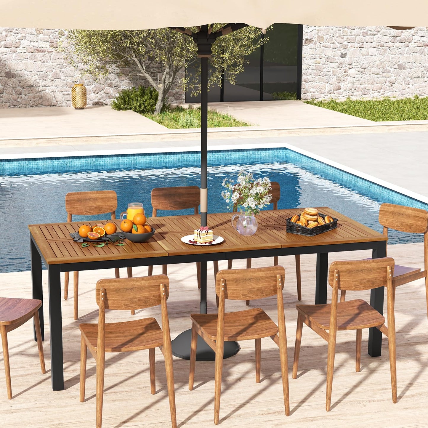 Tangkula 8-Person Outdoor Dining Table, 79 Inch Acacia Wood Patio Table with Umbrella Hole, Metal Legs & Adjustable Foot Pads, Farmhouse Bistro Table for Garden, Poolside & Backyard - WoodArtSupply