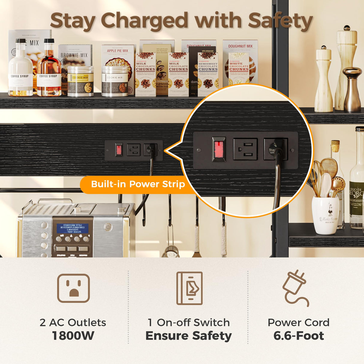 SUPERJARE Large Bakers Rack with Power Outlets, 6-Tier Microwave Stand, Coffee Bar with 12 S-Shaped Hooks, Kitchen Shelf with Wire Basket, 39.3 x 15.5 x 66.9 Inches, Black SUPERJARE