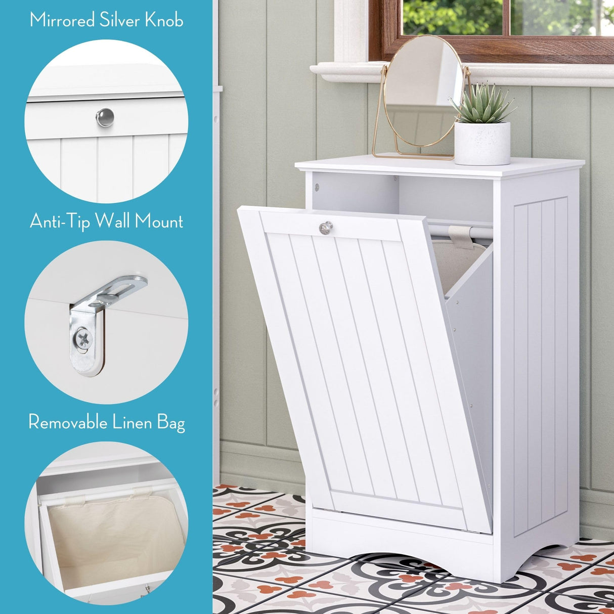 RiverRidge Ashland Tilt Out Laundry Hamper with Beadboard Design - Spacious Top Shelf, Removable Cloth Bag & Silver Knob - White Laundry Cabinet for Towels & Clothes Storage - Laundry Room Cabinets RiverRidge