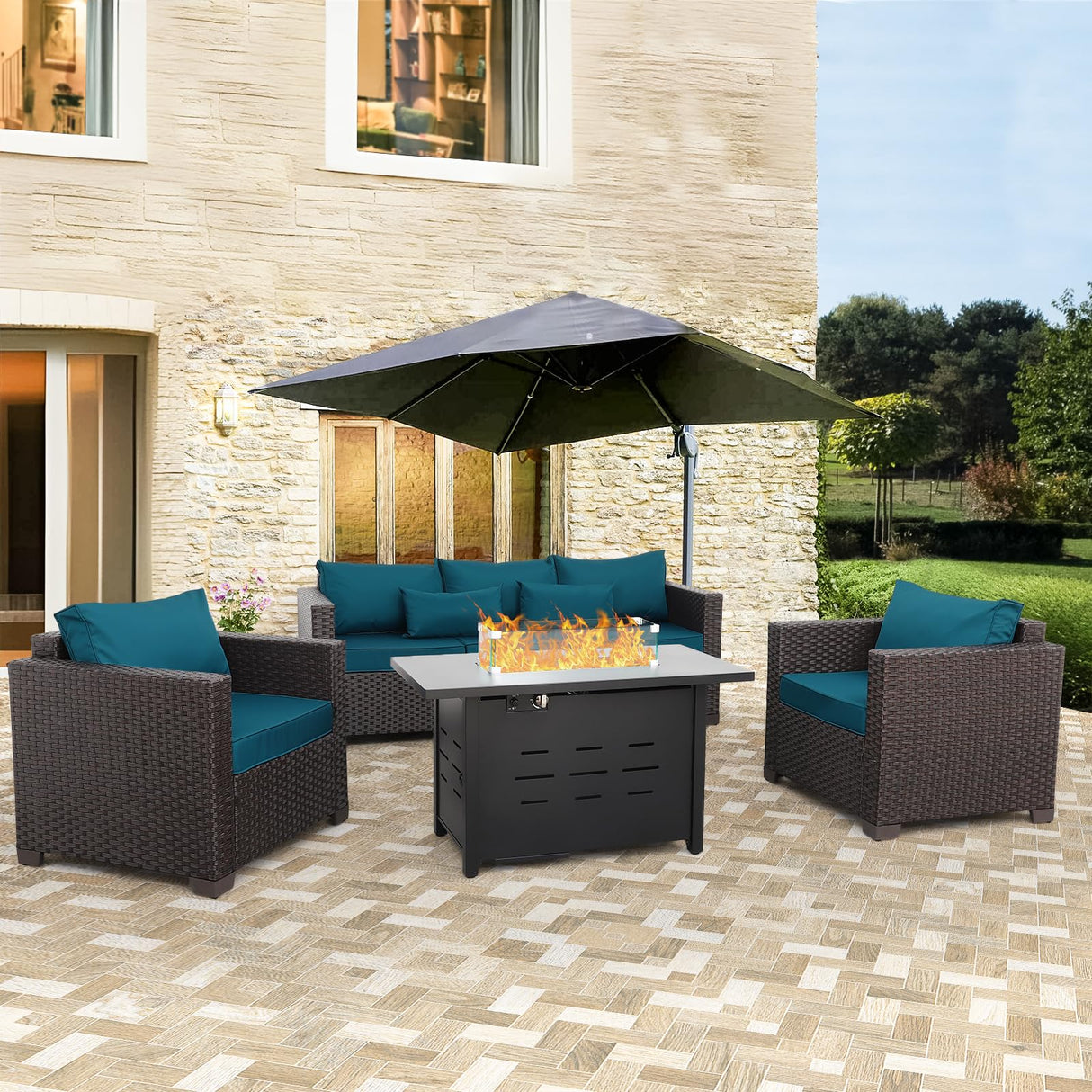 4 Piece Patio Furniture Set 45In Fire Pit Table Outdoor Furniture Sets Patio Couch Outdoor Chairs 50000 BTU Propane Fire Pit with No-Slip Cushions and Waterproof Covers, Peacock Blue Rattan Star