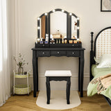 SAYMA Vanity Desk with LED Light and Mirrors, Makeup Table Set with 5 Sliding Drawers & 2 Shelves, 3 Color Lighting Modes and Soft Cushioned Stool for Bedroom, Bathroom (Black) SAYMA