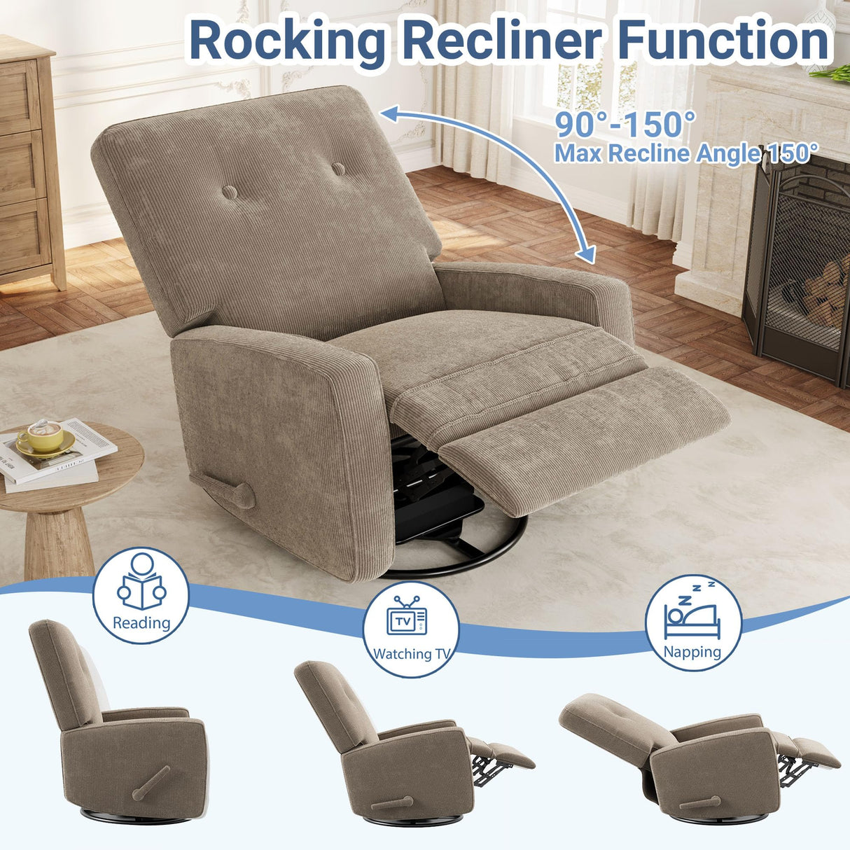 Garvee Nursery Recliner Chair, 360° Swivel Rocking Glider Chair for Adults with Adjustable Backrest & Footrest, Cozy Corduroy Upholstered Armchair for Living Rooms, Bedrooms, Apartments, Light Brown Garvee